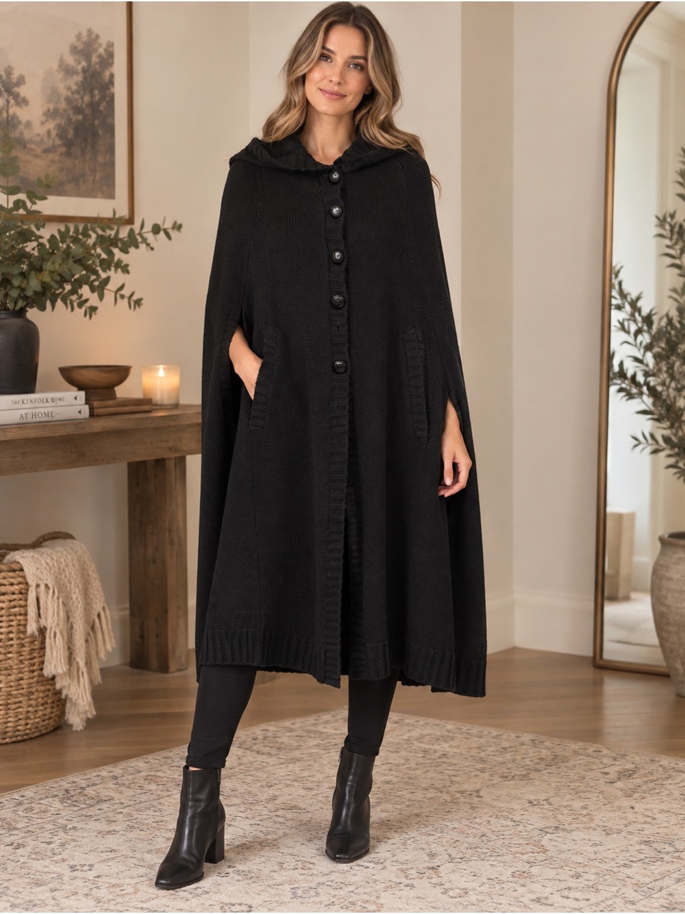 Vintage Black Virgin Wool Cape Poncho Hood Small British Hong Kong old money